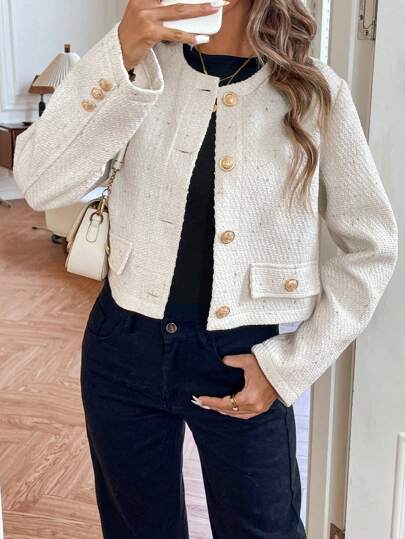 Louniche Chaqueta corta de mujer con botones de metal, para otoño/invierno