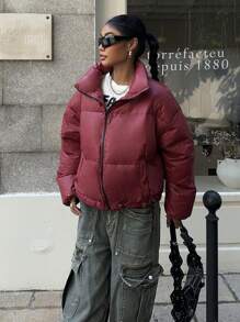 SHEIN EZwear Women's Solid Color Front Zipper Long Sleeve Casual Down& Feathers Jacket - Red - View 6