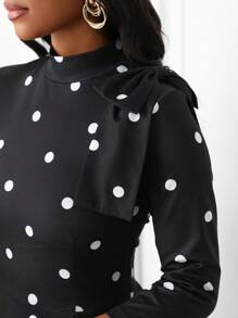 Lyxana 女士优雅圆点印花立领 3/4 袖蝴蝶结装饰连衣裙 - 黑色 - 查看 3