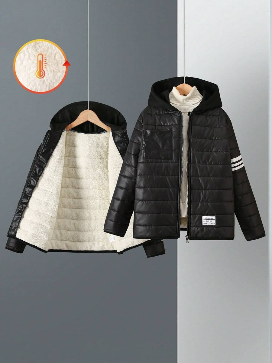 男童撞色条纹连帽羽绒服，冬季 - 黑色 - 查看 1
