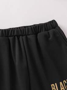 SHEIN Explorewe 2pcs/Set Tween Girl Letter Print Hoodie And Pants Set, Autumn/Winter, School, Campus, College - Black - View 6