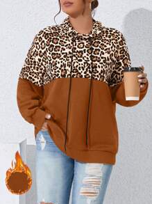 SHEIN LUNE 大码女式春秋豹纹抽绳休闲运动衫 - 咖啡棕 - 查看 1