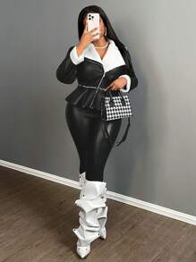 Slaydiva 秋冬新款大翻领斜拉链宽松长袖收腰黑色 PU 保暖内衬女士人造毛外套-AA - 黑色 - 查看 8