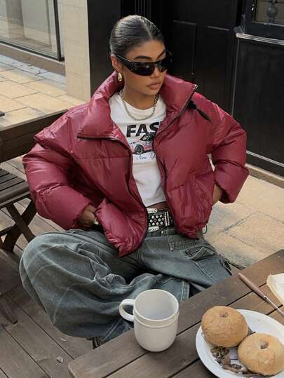 SHEIN EZwear Veste décontracté à capuche et duvet de femme de couleur unie avec fermeture éclair avant, manches longues