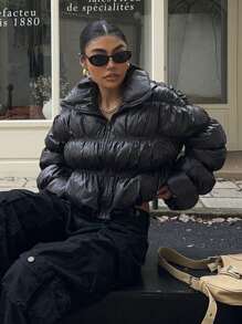 SHEIN EZwear 黑色女式梭织立领长袖褶裥棉衣 - 黑色 - 查看 7