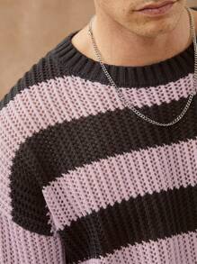 Men Striped Crewneck Knit Sweater Top - Purple - View 2