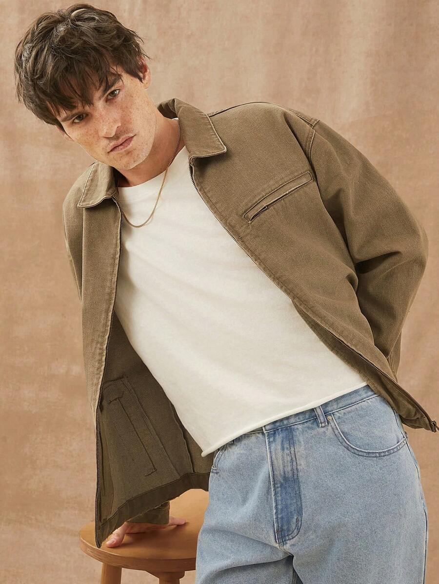 Men Premium Cotton Denim Zip Up Jacket - Brown - View 1