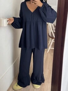 DAZY Plain Ruffle Trim Loose Pajama Set - Blue - View 4