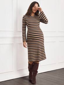 SHEIN MaterniWear Vintage Bell-Sleeve Bodycon Maternity Dress, Autumn - Multicolor - View 8