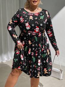 SHEIN CURVE+ Plus Women Long Sleeve Christmas Print Dress, Autumn & Winter Clothes - Multicolor - View 6