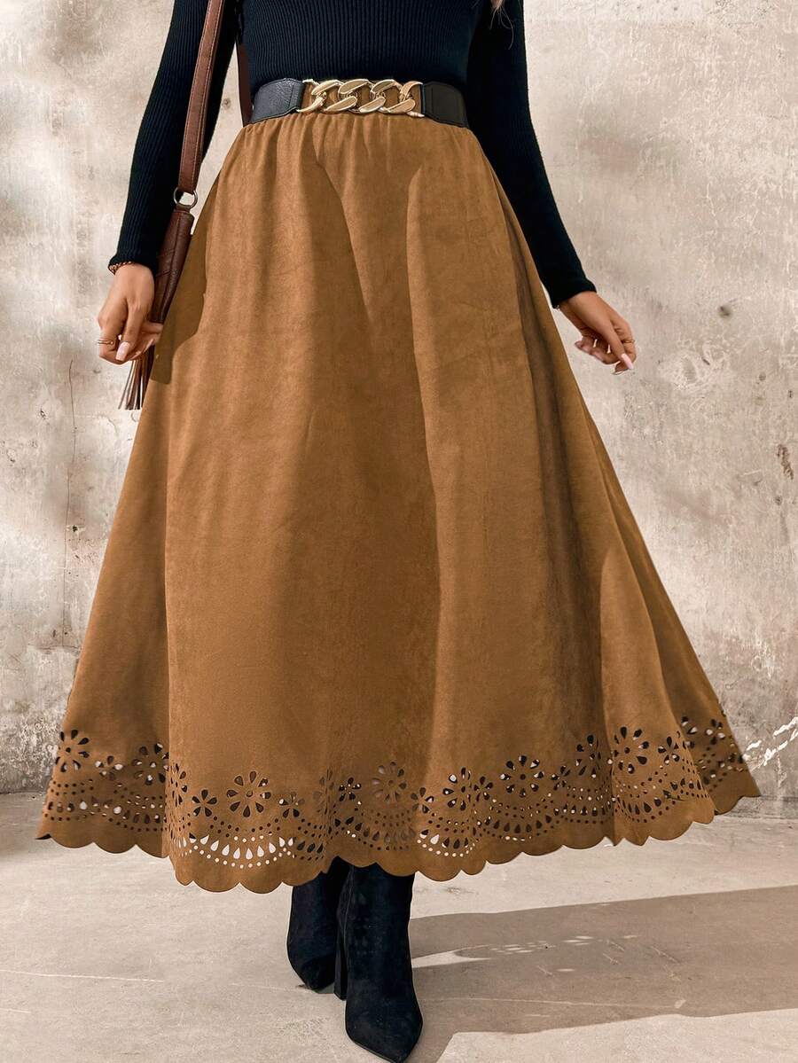 SHEIN LUNE 大码女式纯色激光镂空长款优雅半身裙 - 卡其色 - 查看 1