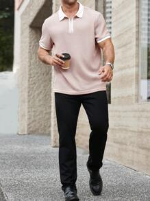 Manfinity Homme Plus Size Men's Contrast Color Half Zip Up Collar Polo Shirt, Summer, Going Out