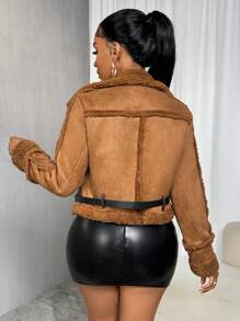 VaVaBold 女士可变领皮革纽扣拼接腰带仿麂皮短夹克 - 卡其色 - 查看 2