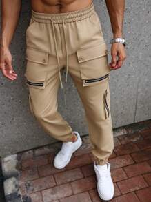 Manfinity LEGND Pantalones cargo casuales para hombre con diseño de cremallera, múltiples bolsillos y bajo con puño, pantalones cargo, ropa de hombre para otoño - Caqui - Ver 1
