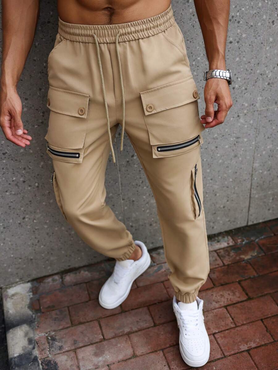 Manfinity LEGND Pantalones cargo casuales para hombre con diseño de cremallera, múltiples bolsillos y bajo con puño, pantalones cargo, ropa de hombre para otoño - Caqui - Ver 1