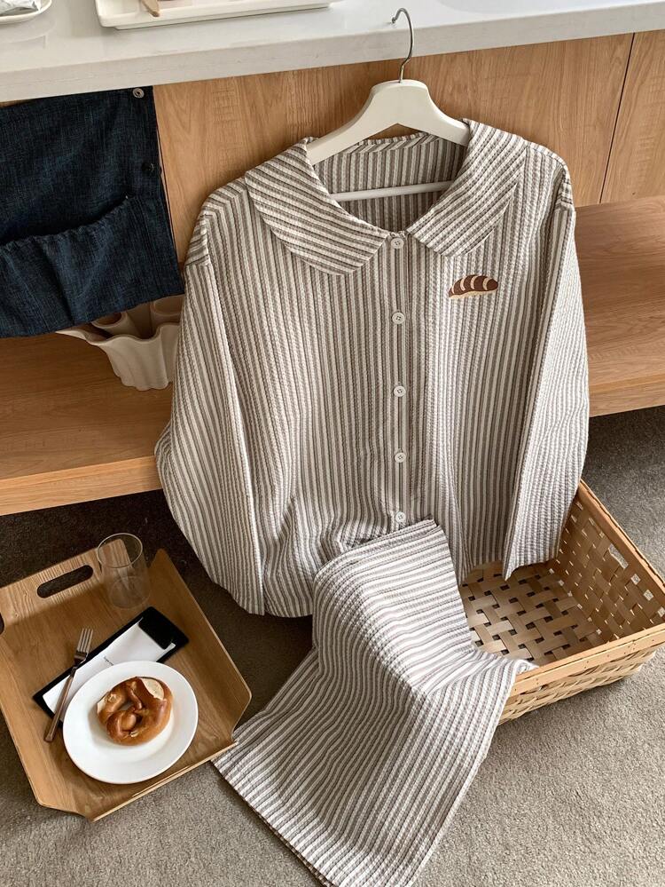 Textured Stripe Fabric Bread Print Long Sleeve Top & Pants Pajama Set, Fall Winter Clothes