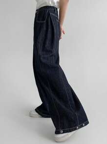 DAZY Quần Jeans Denim Ống Thẳng Dài Rộng Màu Trơn Cho Nữ, Quần Jeans Rộng - Rửa tối - Xem 3