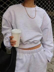 DAZY Sweat-shirt ample et court col rond unicolore pour femmes, vêtements d'automne