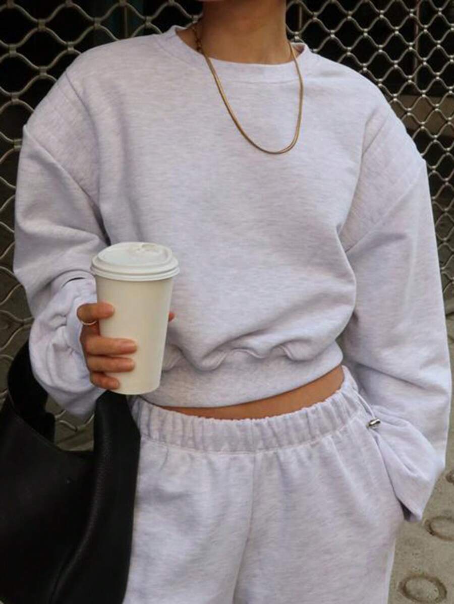 DAZY Sweat-shirt ample et court col rond unicolore pour femmes, vêtements d'automne