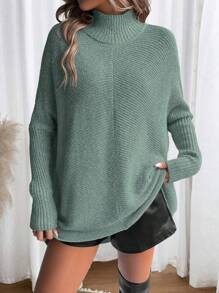 Chiquease 休闲女式纯色高领蝙蝠袖毛衣，秋冬针织套头衫 - 綠色 - 查看 6