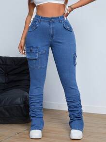 SHEIN ICON Pantalones vaqueros de cargo de diseño sencillo con botones delanteros y bolsillos, ropa casual de uso diario de talla grande - Azul lavado oscuro - Ver 4