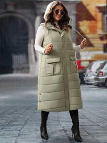 SHEIN LUNE 大码女式纯色无袖连帽长款夹克，带口袋，冬季服装 - 軍綠色 - 查看 3
