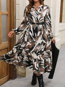 SHEIN LUNE Váy dài tay cổ chữ V in hoa cỡ lớn, viền bèo nhún, họa tiết hoa ngẫu nhiên - Nhiều màu - Xem 5