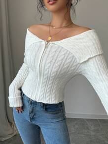 Chiquease Women's Solid Color Off-Shoulder Long Sleeve Zipper Front Fitted Cardigan, Autumn/Winter - White - View 1