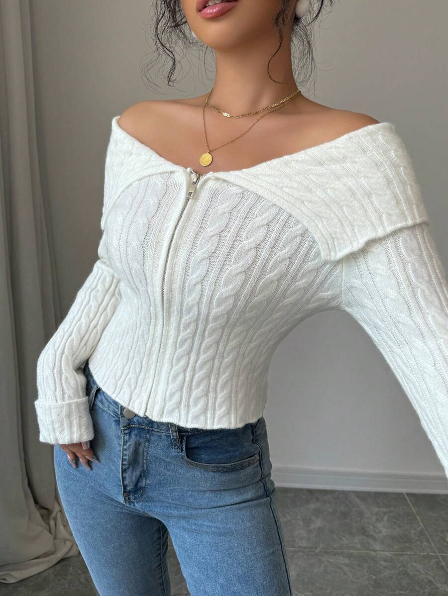 Chiquease Women's Solid Color Off-Shoulder Long Sleeve Zipper Front Fitted Cardigan, Autumn/Winter - White - View 1
