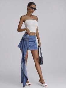 Forever 21 女士 3D 花卉装饰褶皱短牛仔裙 - 藍色 - 查看 7