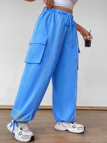 Flirla Plus Size Women Elastic Waist Drawstring Cargo Pants With Contrast Trim