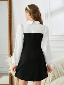 SHEIN Gaun Lengan Panjang Berkerah 2 in 1 Elegan dengan Kontras Warna untuk Remaja Perempuan yang Berpergian - Hitam dan Putih - View 7