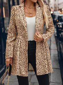 SHEIN Clasi Abrigo largo elegante de manga larga con cinturón y estampado de leopardo para mujer