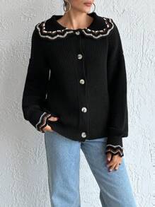 EURMUSE Woman Collar Detailed Ruffled Regular Fit Casual Style Winter Cardigan - Black - View 1