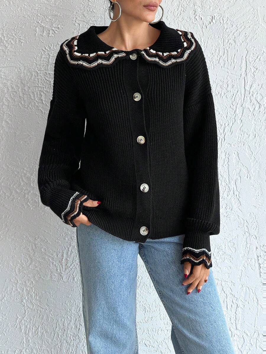 EURMUSE Woman Collar Detailed Ruffled Regular Fit Casual Style Winter Cardigan - Black - View 1