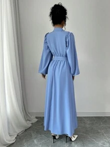 Rafferiza Vestido estilo francés de manga farol con cuello de camisa, con volantes y adorno de strass, vestido largo para mujer - Azul - Ver 2