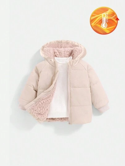 SHEIN Playful Pals Toddler Infant Baby Girls Casual Cinched Waist Bow Decor Pocket Teddy Lining Lightweight Long Sleeve Zip Up Padded Hooded Jacket, Winter Coat,6M-3T