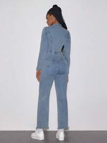 Jeanoix 女士秋季立领拉链半襟长袖休闲流苏喇叭牛仔连体裤 - 藍色 - 查看 2