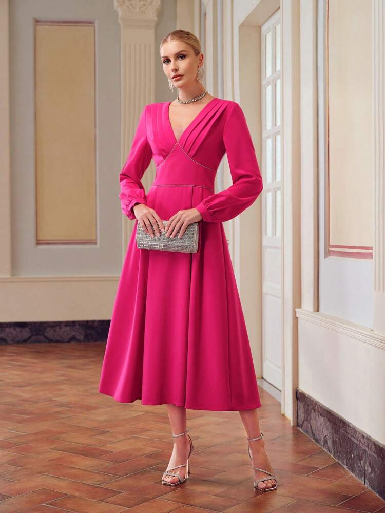 ZEYLAH V-NECK RHINESTONE TRIM FOLD PLEATED BUSTIER MIDI DRESS