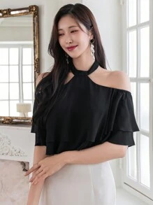 DAZY Blusa de unicolor con cuello de volantes, adecuada para uso casual y laboral