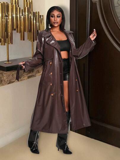 Slaydiva 女式优雅双排扣亮面 PU 风衣，秋季