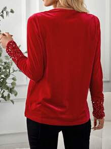 SHEIN LUNE Women's Christmas Sequins Patchwork Red Top - Red - View 2