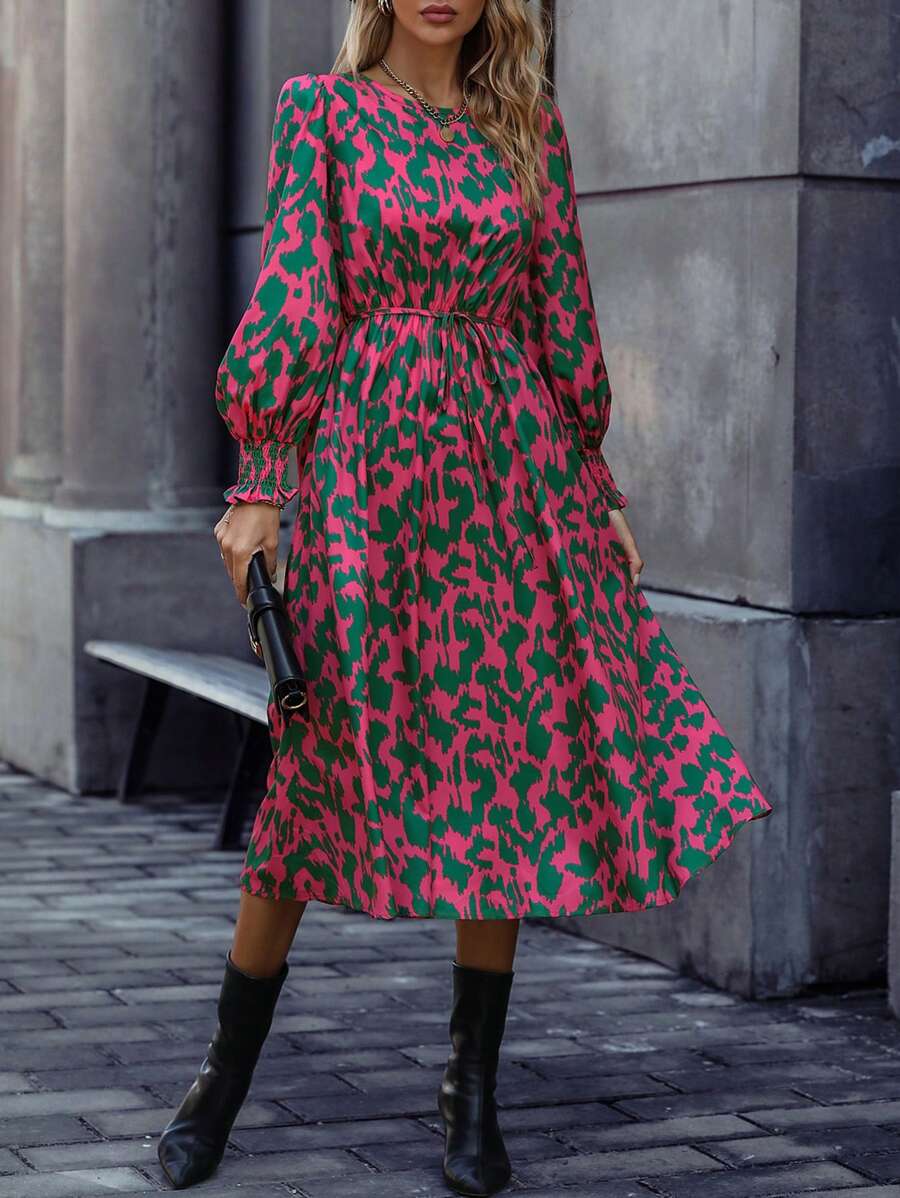 SHEIN Clasi 圆领印花休闲长袖连衣裙 - 玫紅色 - 查看 1