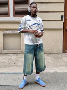 AXEPEAK Maglietta a maniche corte casual da uomo stile ampio, stile maglina, con stampa a lettere, ispirata allo streetwear estivo per la scuola