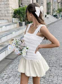 SHEIN Unity Romantic Puff Floral Solid Color Ruffle Hem Thick Strap Summer Sleeveless Dress - Apricot - View 7