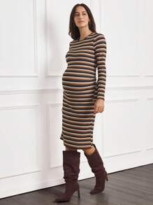 SHEIN MaterniWear Vintage Bell-Sleeve Bodycon Maternity Dress, Autumn - Multicolor - View 1
