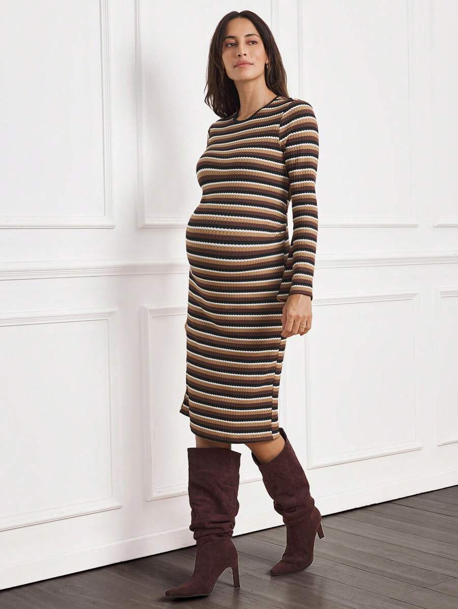 SHEIN MaterniWear Vintage Bell-Sleeve Bodycon Maternity Dress, Autumn - Multicolor - View 1