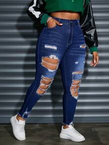 SHEIN SXY Plus Size Front Button Pocket Distressed Simple Denim Jeans, Casual Everyday Wear - Dark Wash - View 4