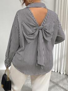 Calvaya Plus Size Women Black & White Striped Fashion Casual Plus Size Bow Shoulder Long Sleeve Shirt, Autumn - Black and White - View 5