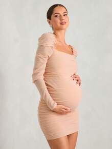 MaterniChic Schwangerschaftskleid mit Rüschen an den Ärmeln, geraffter Mesh-Überlagerung, körperbetonter Schnitt, einfarbiges gestricktes Mesh-Damen-Bodycon-Kleid für Frühling und Herbst, geeignet für Party, Abend, Hochzeit, Straßenmode